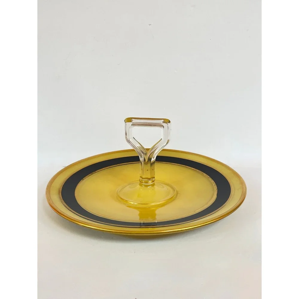 Art Deco Yellow and Black Depression Glass Tidbit‎ Tray Center Handle 10.25in